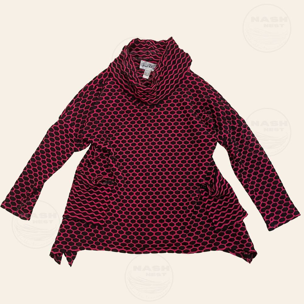 Joseph Ribkoff US 8 Cowl Neck Tunic | Pink Black Wave Print Textured Knit Pocket